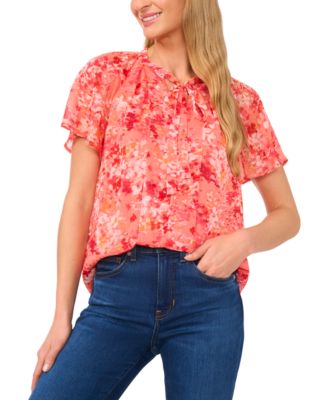 CeCe - Women's Printed Flutter-Sleeve Pleated Bow Blouse