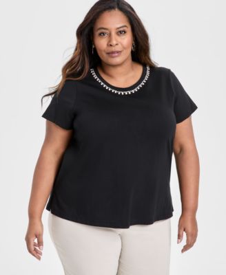 JM Collection - Plus Size Cotton Rhinestone-Trim T-Shirt