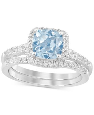 Macy's - Aquamarine (1-1/4 ct. t.w.) & Diamond (1/2 ct. t.w.) Cushion Halo Bridal Set in 14k White Gold