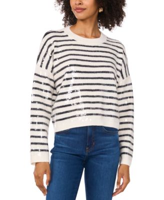 Vince Camuto - Women's Striped Sequined-Front Crewneck Sweater