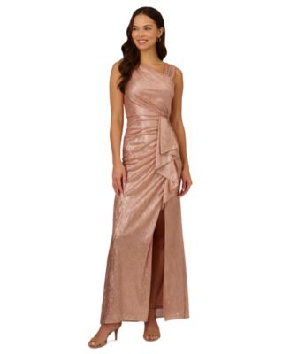 Adrianna Papell - Petite Asymmetrical Foil Drape-Front Metallic Gown