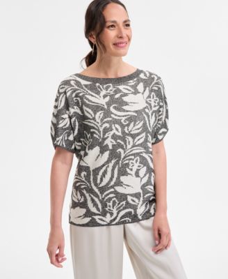JM Collection - Petite Puff-Sleeve Jacquard Sweater