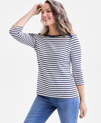 Style & Co - Women's Striped 3/4-Sleeve Envelope-Shoulder Top