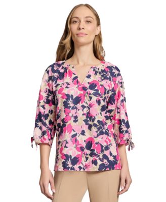 Jones New York - Petite Split-Neck Tie-Cuff Floral-Print Top