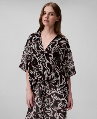 Calvin Klein - Women's Printed V-Neck Faux-Wrap Blouse