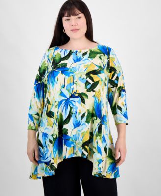 JM Collection - Plus Size Printed High-Low Swing Top