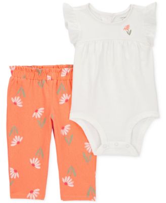 Carter's - Baby Girls Cotton Flutter-Sleeve Bodysuit & Floral-Print Pants, 2 Piece Set