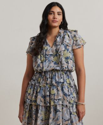 Lauren Ralph Lauren - Plus Size Floral Ruffle-Trim Georgette Dress