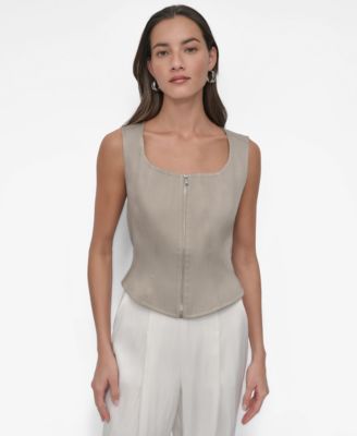 DKNY - Women's Front-Zip Scoop-Neck Seamed-Corset Top