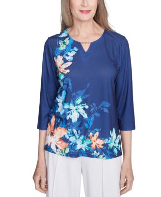 Alfred Dunner - Petite Beaded Split-Neck Asymmetric-Floral Top