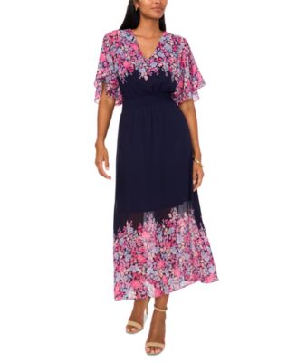 MSK - Women's Chiffon Smocked-Waist Floral-Print Dress