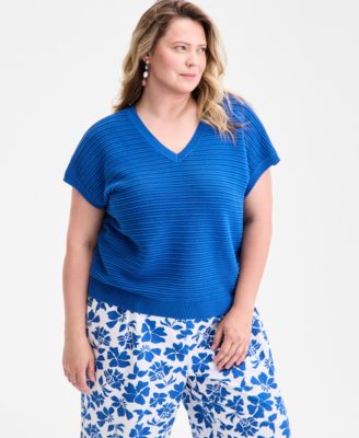Style & Co - Plus Size Open-Stitch V-Neck Dolman-Sleeve Cotton Top