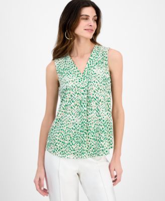 Anne Klein - Women's Pleated-Neck Printed Sleeveless Top