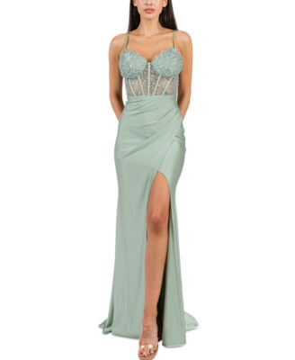 B Darlin - Juniors' Strappy Sequinned-Lace Illusion-Corset Maxi Dress