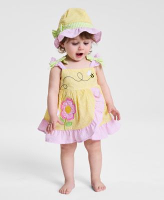 Blueberi Boulevard - Baby Girls Seersucker Sunsuit Dress & Hat, 2 Piece Set