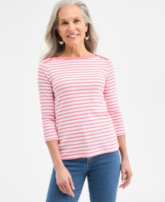 Style & Co - Petite Cotton Striped Boat-Neck 3/4-Sleeve Top