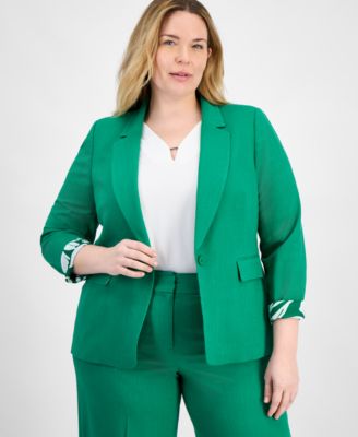 Tahari ASL - Plus Size Printed-Cuff 3/4-Sleeve Linen-Blend Blazer