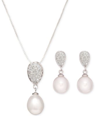 Macy's - Baroque Cultured Freshwater Pearl (8x8-1/2mm) & Cubic Zirconia Pendant Necklace & Drop Earrings Set in Sterling Silver