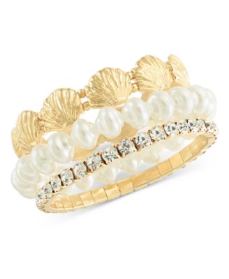 I.N.C. International Concepts - Gold-Tone 3-Pc. Set Shell, Imitation Pearl & Crystal Stretch Bracelets