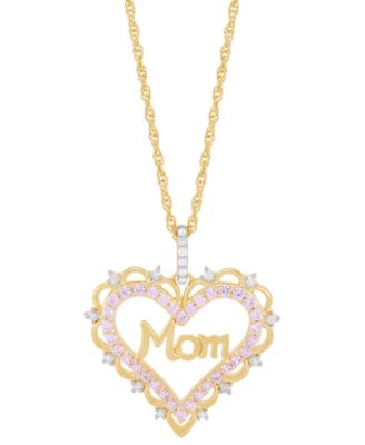 Macy's - Lab Created Pink Sapphire (3/8 ct. t.w.) & Diamond (1/10 ct. t.w.) Mom Heart Pendant Necklace in 14k Yellow Gold-Plated Sterling Silver, 16" + 2" extender
