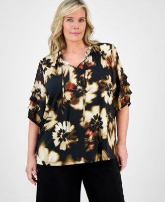 Anne Klein - Plus Size Printed Pleated-Sleeve Blouse