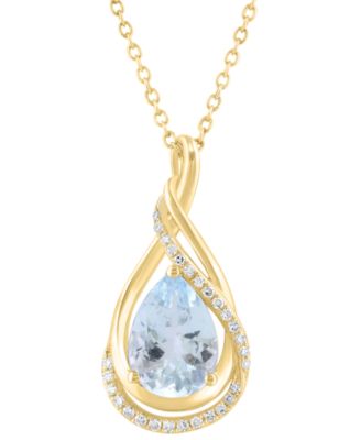EFFY Collection - Diamond (1/10 ct. t.w.) & Aquamarine (1-1/2 ct. t.w.) Pendant in 14k Yellow Gold, 17" + 1" extender
