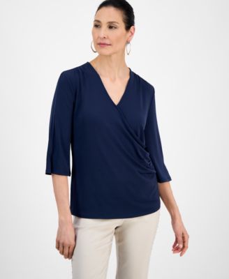 JM Collection - Women's Surplice-Neck Faux-Wrap Top