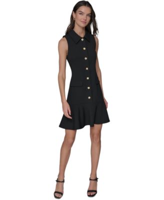 KARL LAGERFELD PARIS - Women's Flower-Button Collared Sleeveless Shift Dress