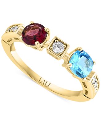 LALI Jewels - Swiss Blue Topaz (3/4 ct. t.w.), Rhodolite (1/6 ct. t.w.) & Diamond (1/6 ct. t.w.) Ring in 14k Yellow Gold