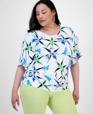 I.N.C. International Concepts - Plus Size Printed Ruched Short-Sleeve Top, Exclusively at Macy's