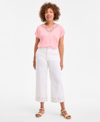 Style & Co - Petite Embroidered Cropped Wide-Leg Jeans