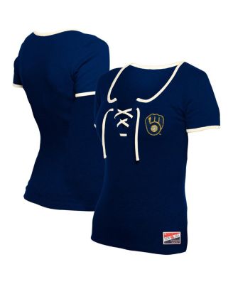 New Era - Women's Navy Milwaukee Brewers Throwback Lace Up T-Shirt