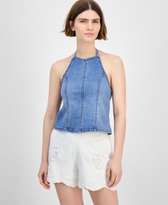 And Now This - Women's Seamed-Front Halter Denim Top