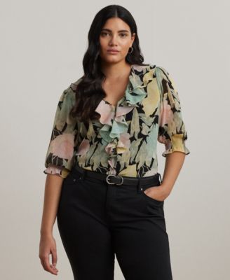 Lauren Ralph Lauren - Plus Size Floral Georgette Ruffle-Trim Blouse