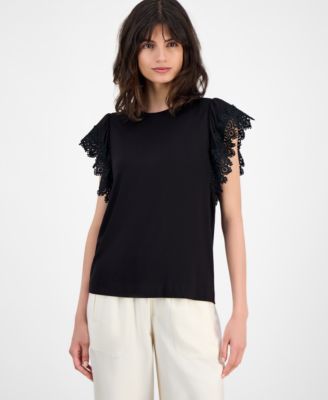 T Tahari - Women's Lace-Trim Cap-Sleeve T-Shirt