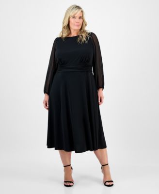 Connected - Plus Size Shirred-Waist Sheer-Sleeve Midi Dress