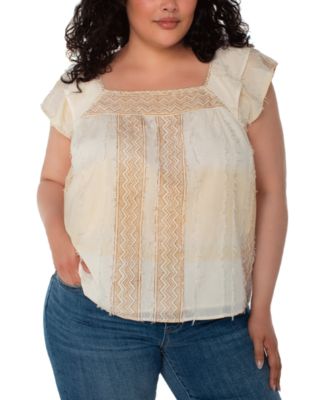 Liverpool Los Angeles - Plus Size Chevron Stripe Flutter-Sleeve Square-Neck Blouse