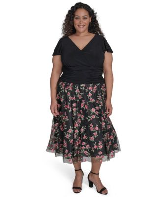 Jessica Howard - Plus Size Mixed-Media Mesh-Skirt Fit & Flare Dress