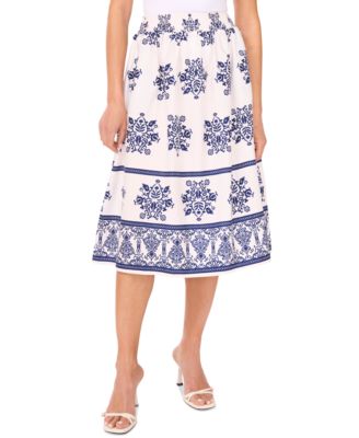 CeCe - Women's Smocked-Waist Border-Print Midi Skirt