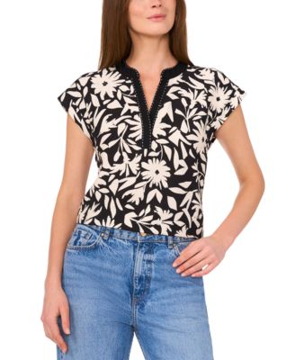 Vince Camuto - Women's Floral-Print Split-Neck Cap-Sleeve Top
