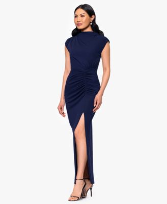 Betsy & Adam - Petite Mock-Neck Crepe Ruched Sheath Dress