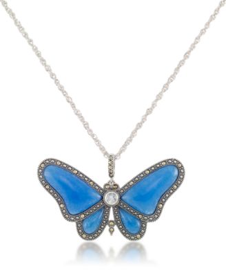 Macy's - Marcasite and Blue Agate & Blue Topaz (1/3 ct. t.w.) Butterfly Pendant+18" Chain in Sterling Silver