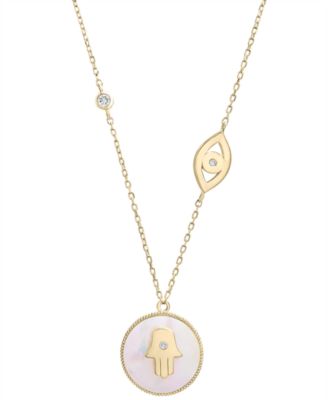Macy's - Mother-of-Pearl (10mm) & Diamond Accent Hamsa Hand & Evil Eye Pendant Necklace in 14k Gold-Plated Sterling Silver, 16" + 2" extender (Also available in Sterling Silver)