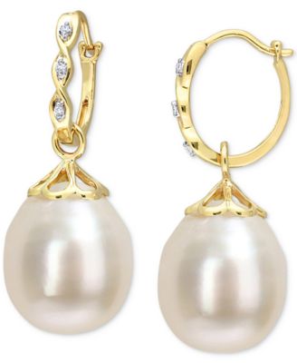 Macy's - Cultured South Sea Pearl (9 - 9-1/2mm) & Diamond Accent Drop Earrings in 14k Gold