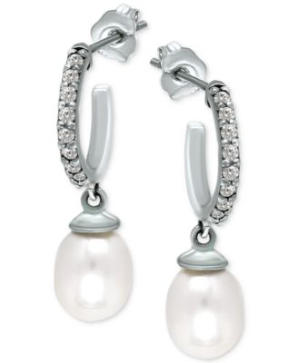 Giani Bernini - Freshwater Pearl (8 x 6mm) & Cubic Zirconia Dangle Hoop Earrings, Created for Macy's