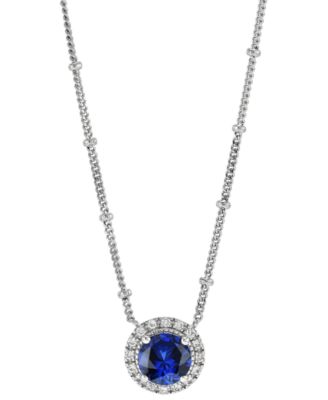 Macy's - Lab-Grown Sapphire (1-5/8 ct. t.w.) & Lab-Grown White Sapphire (1/6 ct. t.w.) Halo Pendant Necklace in Sterling Silver, 16" + 2" extender
