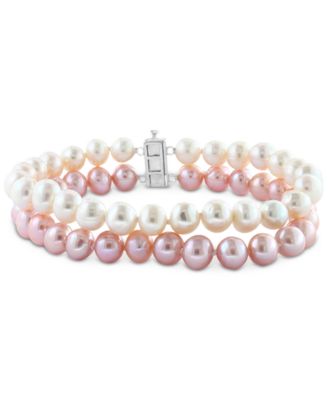 EFFY Collection - Pink & White Freshwater Pearl (6-1/3 - 7-1/3mm) & White Topaz (1/10 ct. t.w) Two Row Bracelet