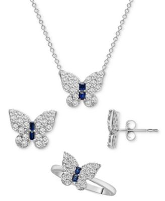 Macy's - 3-Pc. Set Lab-grown White Sapphire (2-1/5 ct. t.w.) & Lab-grown Blue Sapphire (1/4 ct. t.w.) Butterfly Pendant Necklace, Stud Earrings, and Ring in Sterling Silver
