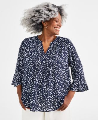 Style & Co - Plus Size Printed Pintuck-Pleat 3/4-Sleeve Top