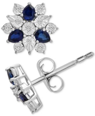 Macy's - Lab-Grown Sapphire (1-1/3 ct. t.w.) & Diamond (1/10 ct. t.w.) Flower Cluster Stud Earrings in Sterling Silver